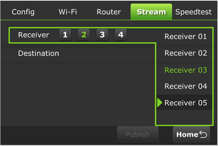 stream tab V4 receiver selection