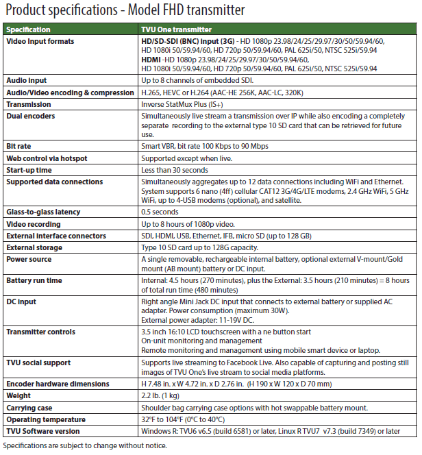 TVU One FHD Specs Rev H