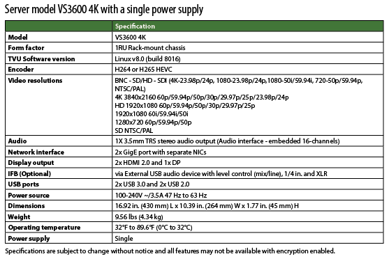 VS3600 4K specifications