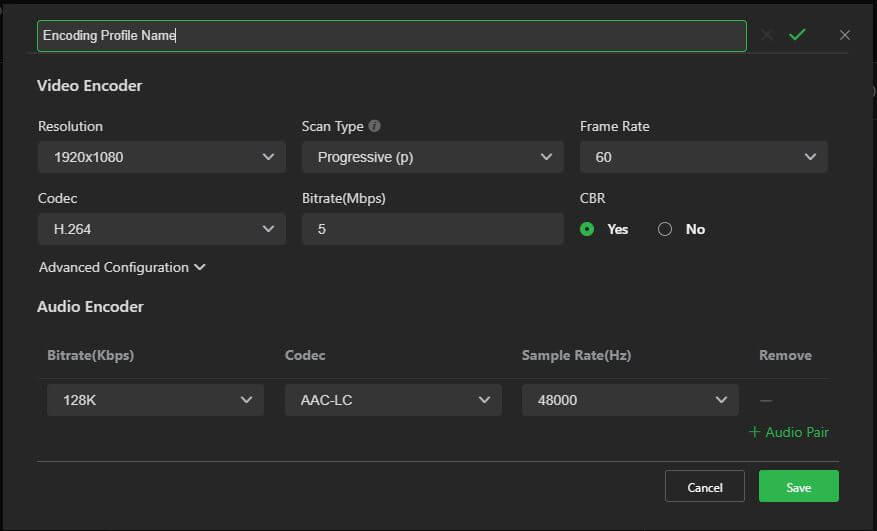 Edit profile - Video Encoder Profile window