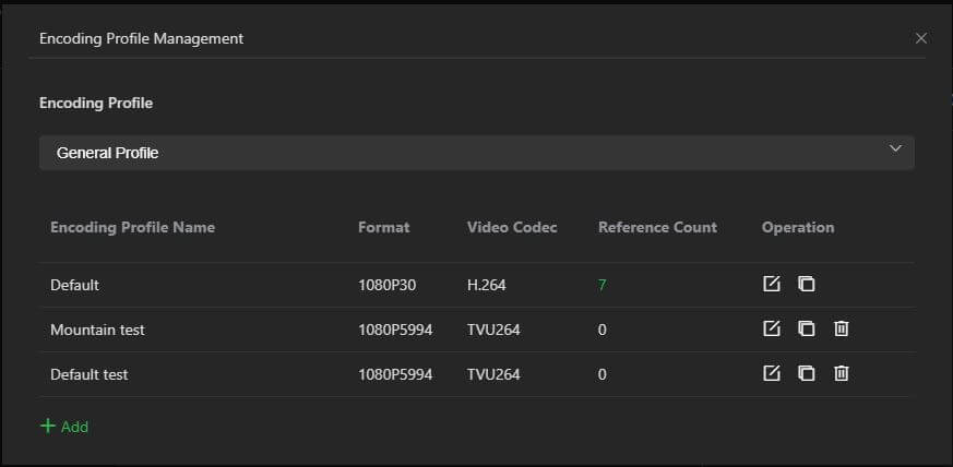 Encoding proifile management window
