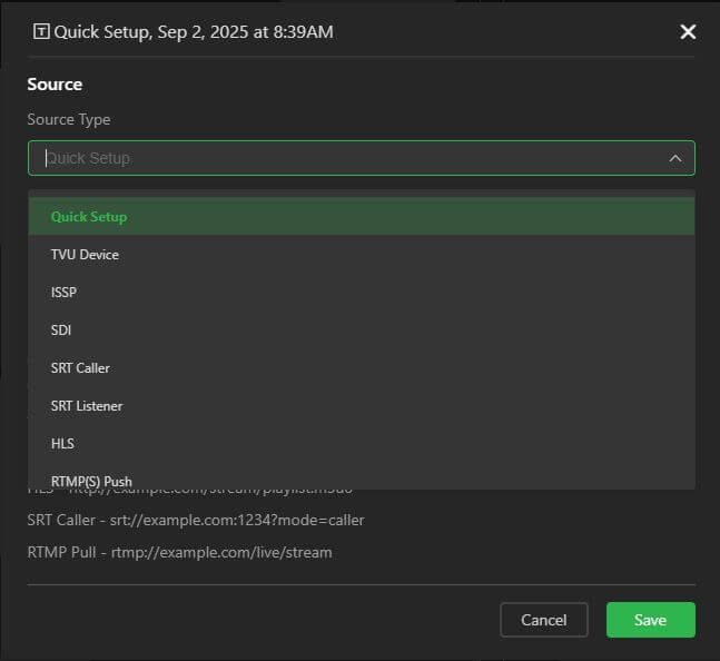 Source Type menu