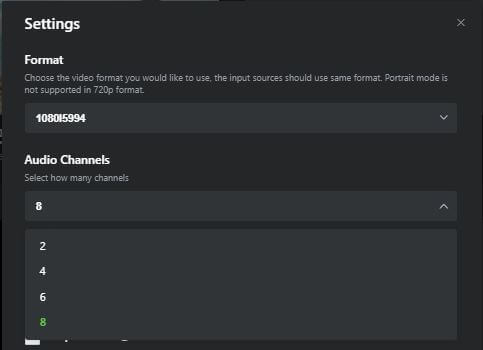 Format and Audio Channel settings