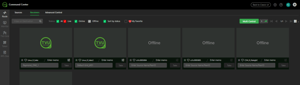 Receivers page - Controls and functions