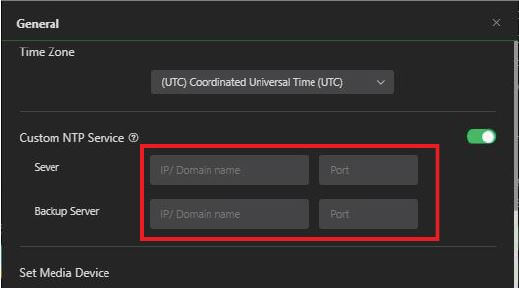 Enter the NTP Server and port fields