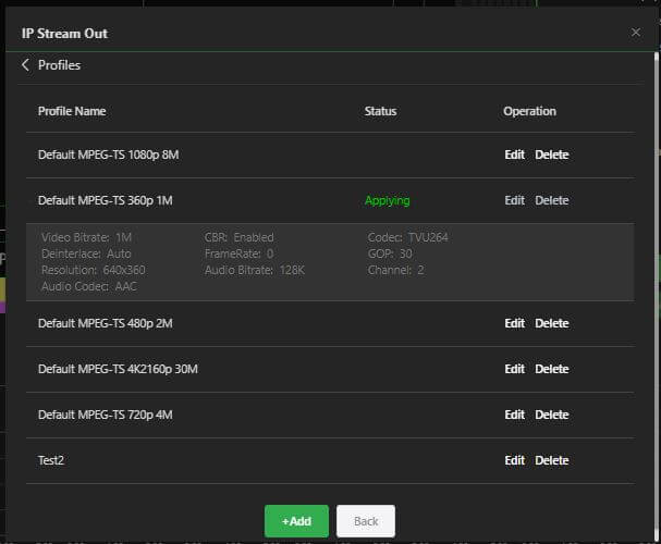 IP Stream Out - Profile window