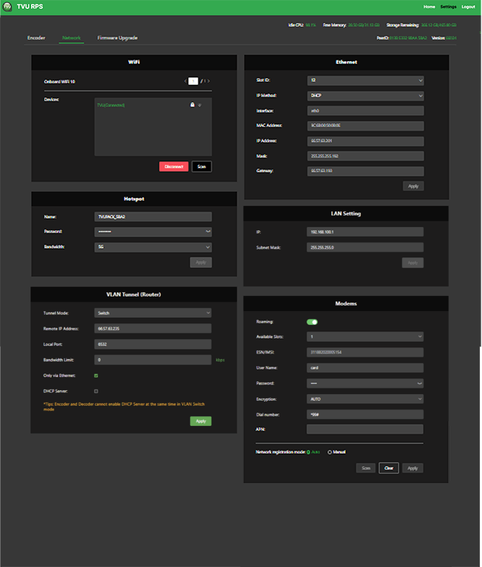 TVU RPS Link encoder Network settings screen