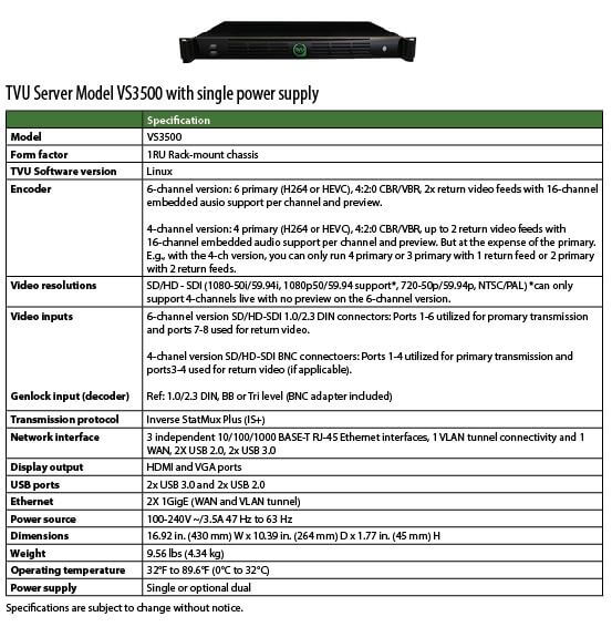 TVU Server Model VS3500 with single power supply product spec