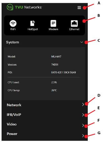 MLink system status panel