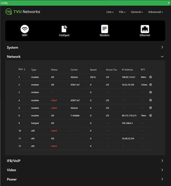 MLink Network panel system status
