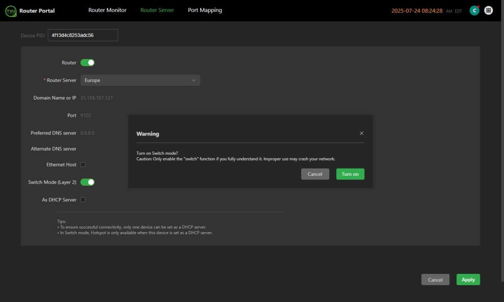 Router Server switch mode on