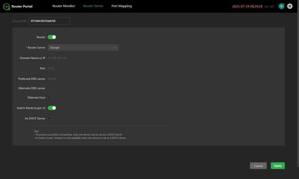 Router Server switch mode on DHCP option