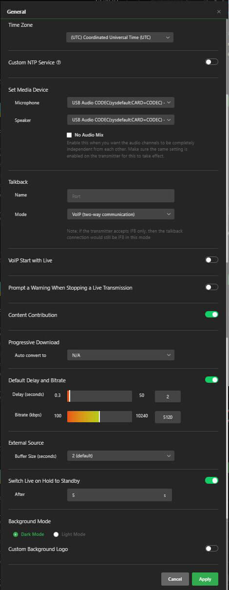 Settings panel - General