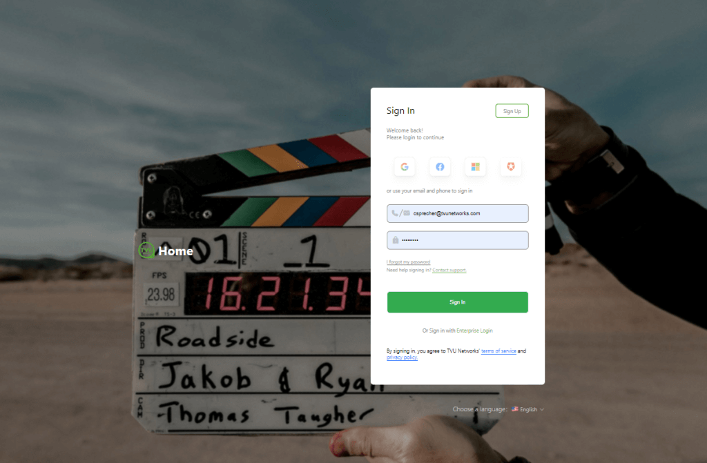 TVU Home sign-in page