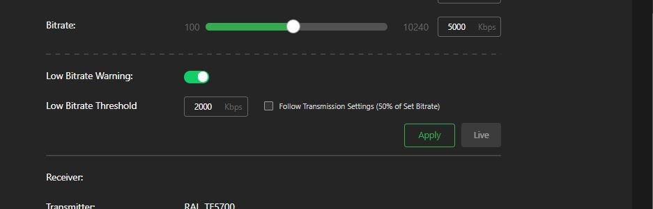 live receiver panel mode low bitrate