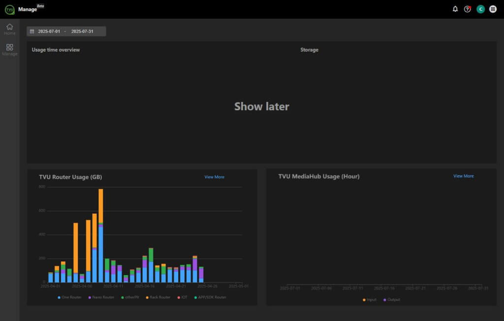 TVU Home usage page