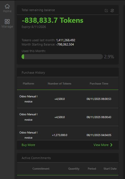 Purchase history and balance status panels