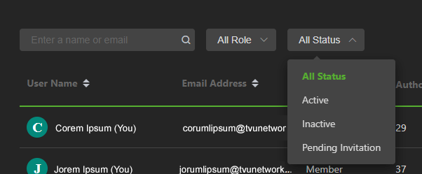 Status drop down menu