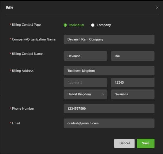 billing info