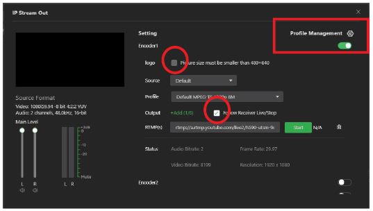 IP Stream Out configuration screen