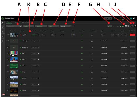 Sources page controls and functions