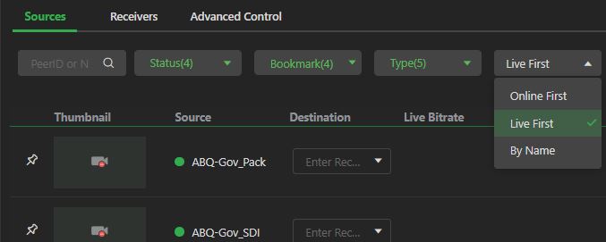 Sources page - filter menu