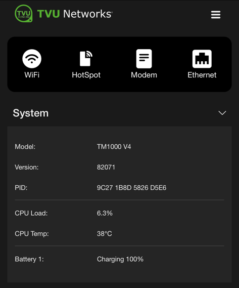 TVU One initial system status panel