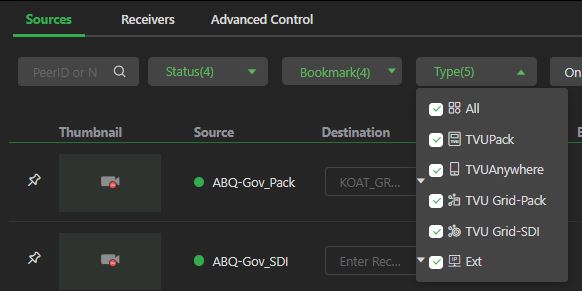 sources page - Type menu