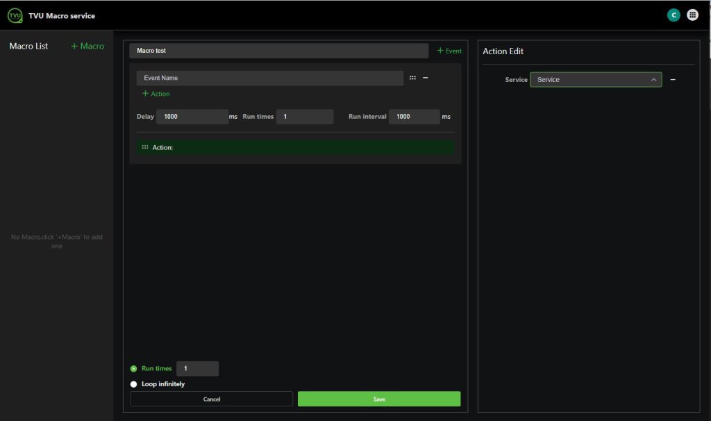 Macro service action edit panel