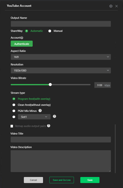 YouTube Output Setting window