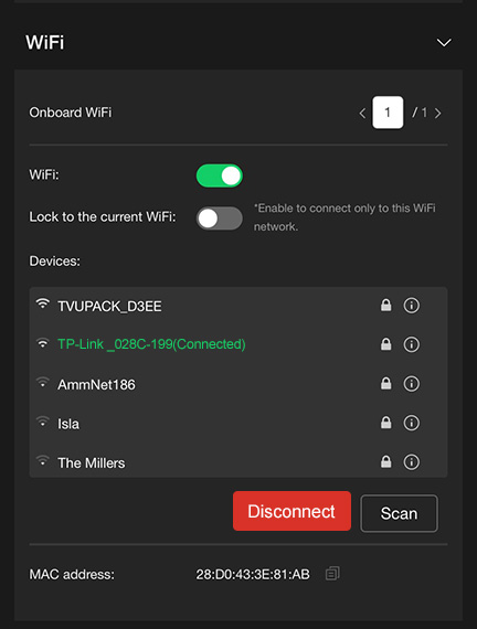 WiFi panel connected