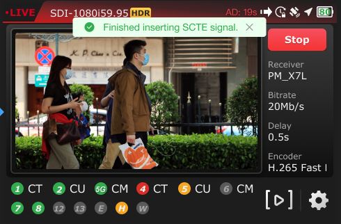 TVU one live status - SCTE insertion complete