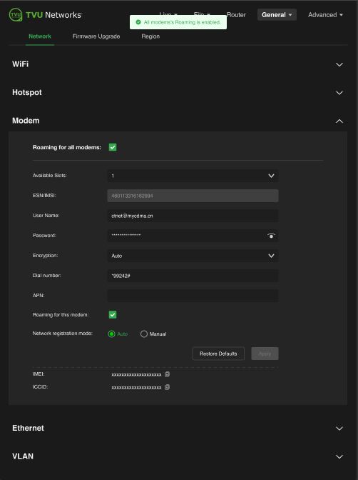 modems all enabled roaming panel