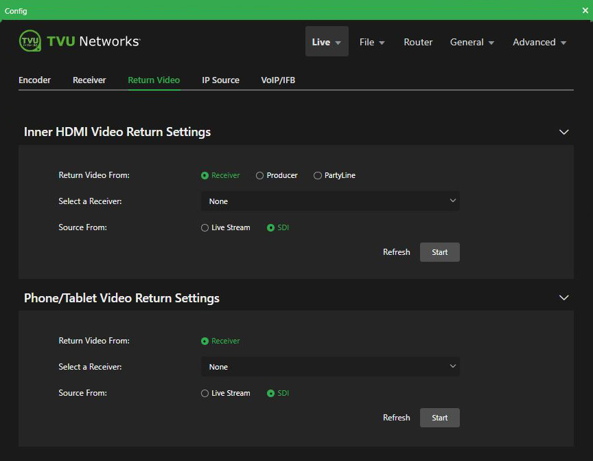 Live Return Video for Receiver