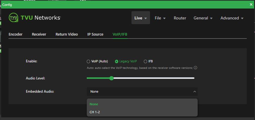 Live VoIP IFB Embedded Audio menu