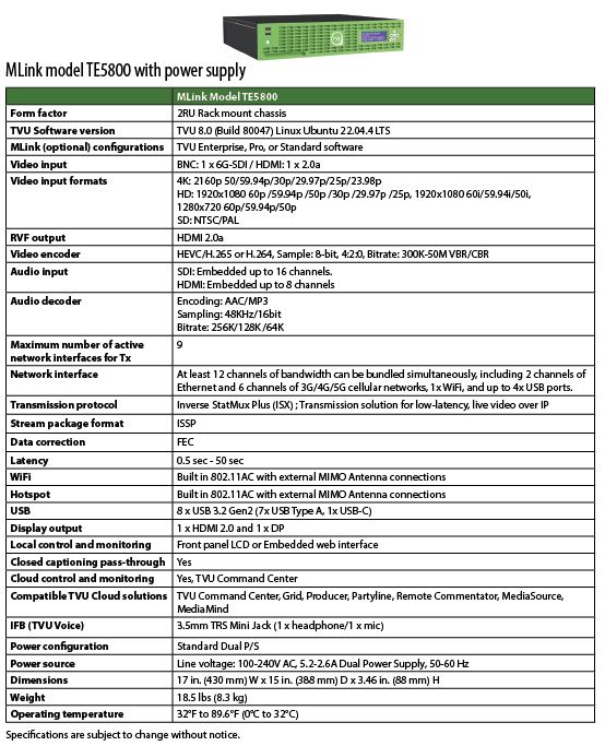 MLink Model TE5800 Product Spec