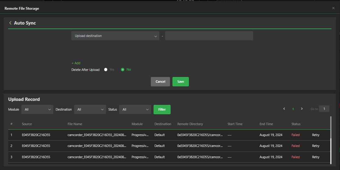 Remote file storage Auto Sync window