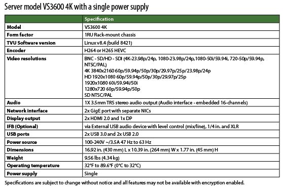 Server model VS3600 4K with a single power supplyv8.4  prod spec