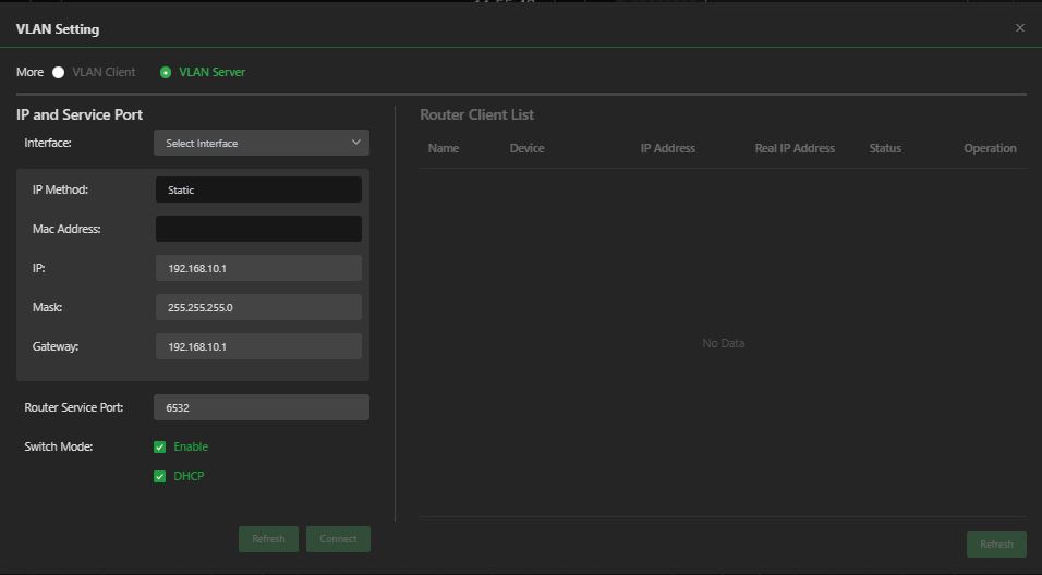 VLAN Setting window VLAN Server selected
