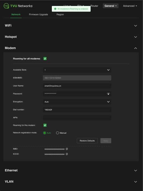 modems all enabled roaming panel