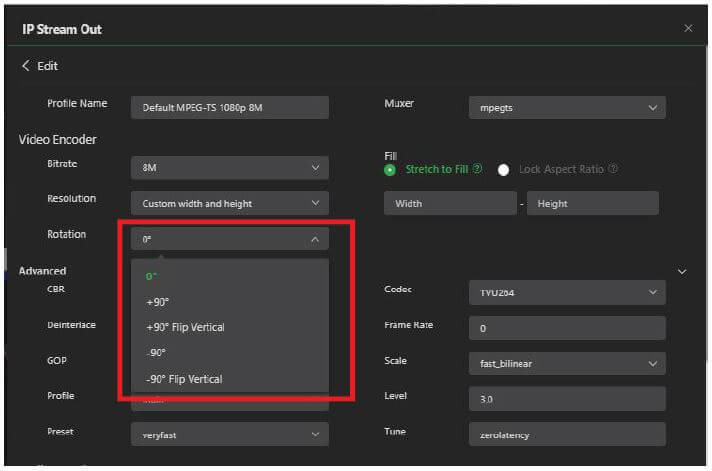 IP Stream Out Profile -  Rotation menu