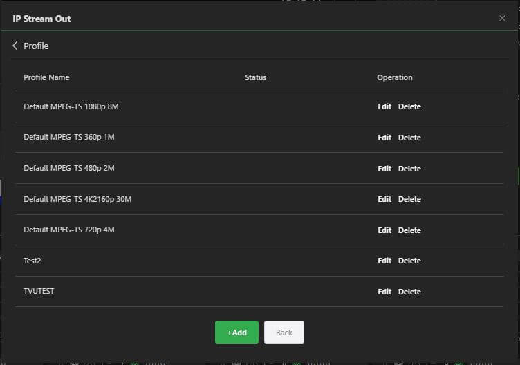 IP Stream Out - Profiles window
