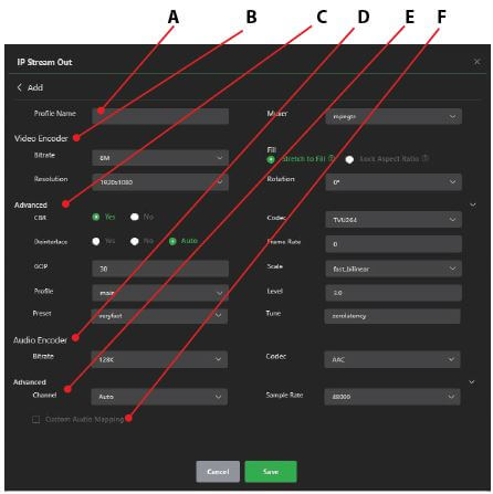 IP Stream Out Profile settings - Add