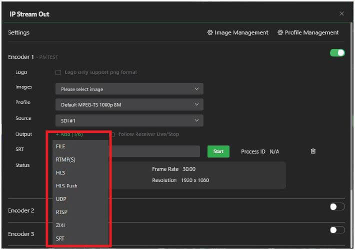 IP Streaming Output stream menu