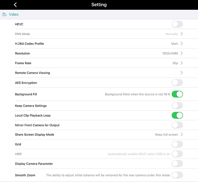 Setting screen_Video panel