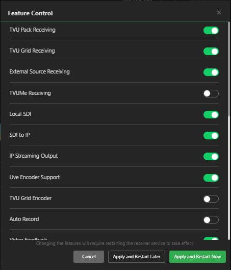 Settings Feature Control window