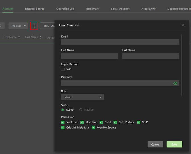 Account user creation menu