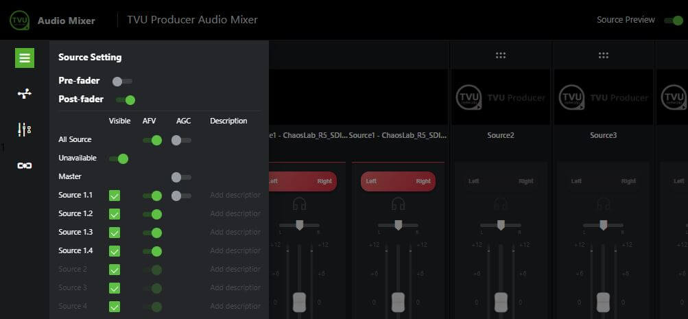 Advanced Audio Mixer source settings menu