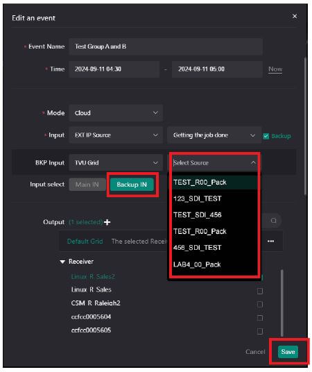 Select your Backup IN source