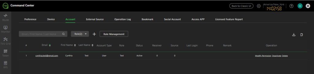 Setting page -  Account tab list